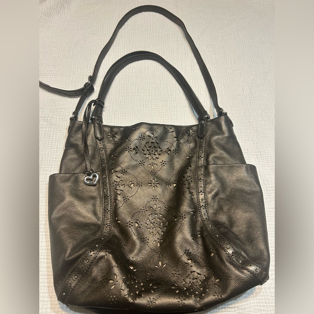Brighton Cutout Gunmetal Bronze Leather Shoulder Handbag Long & Shoulder Straps